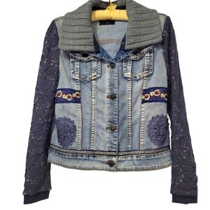 Desigual Denim Jacket Crochet Sleeves Removable Knit Collar Boho size 40 EU